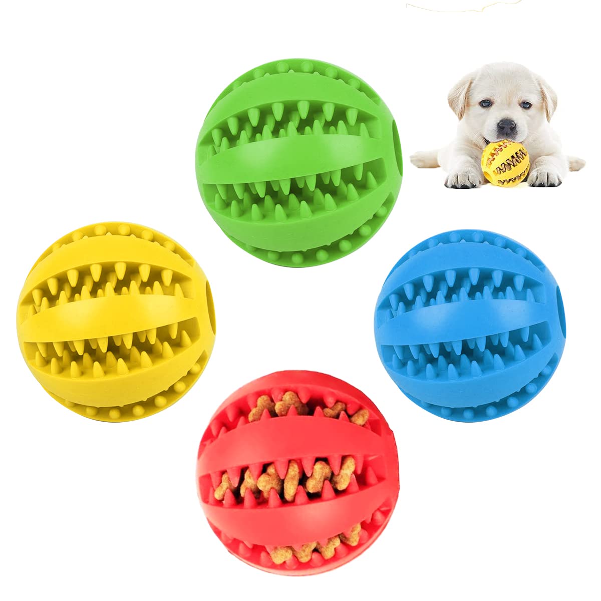 Dog Toy Ball,Forreen 4 Pieces Dog Treat Ball Do g Tooth Cleaning Toy Bal-l Nontoxic Bite Resistant Toys Balls Rubber Dogs Balls for Small Dogs Teeth Cleaning Chewing Training IQ Training,Diameter 5CM