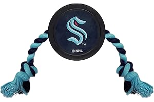 Pets First Rubber Dog Toy - NHL Seattle Kraken Ice Hockey Puck PET Toy with Heavy-Duty TUG Ropes. A Tough Toy for Dogs & Cats in a Hockey Puck Shape with Vibrant Team Logo. Great Dental Pet Rope Toy
