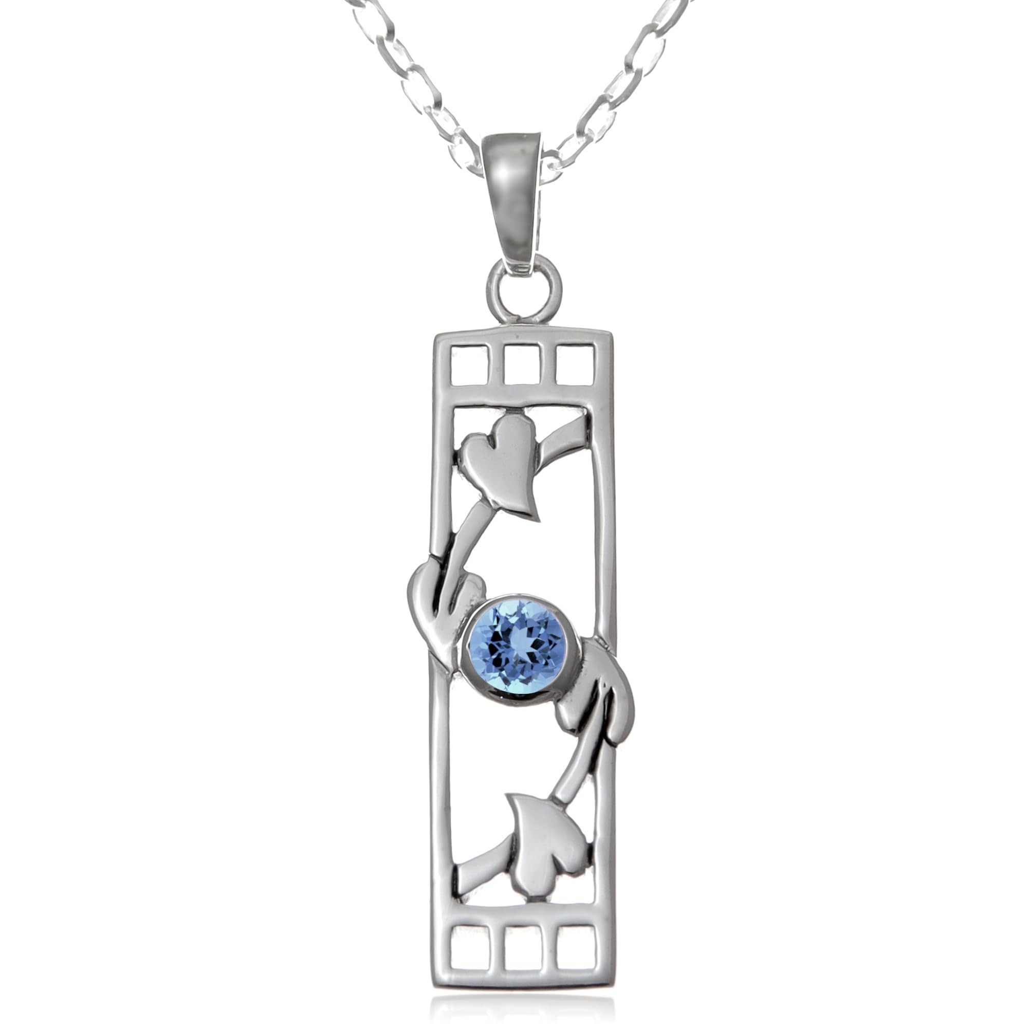 Alexander Castle 925 Sterling Silver & Blue Topaz Charles Rennie Mackintosh Necklace for Women Teens Girls with 18" Silver Chain & Jewellery Gift Box - 30mm x 10mm
