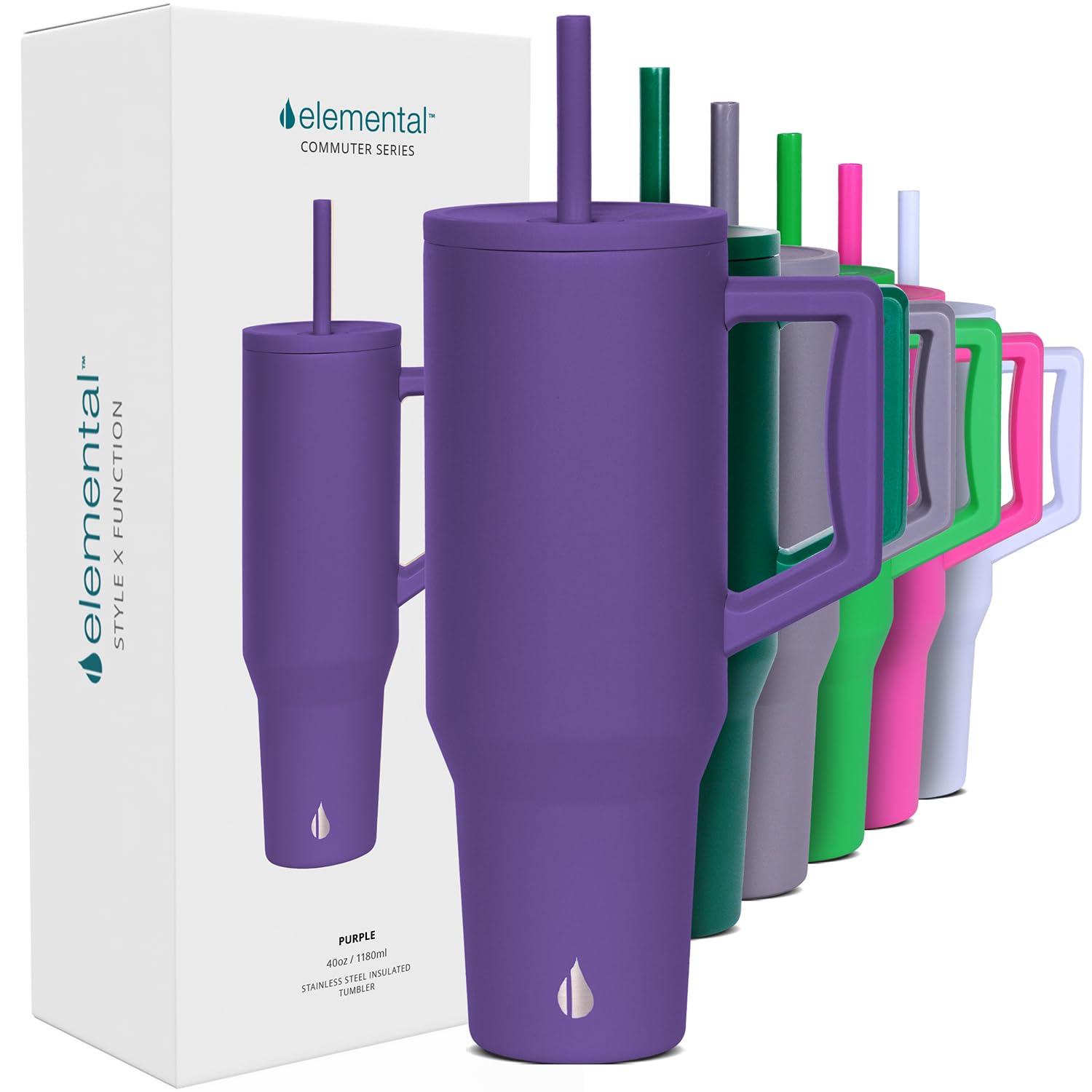 Photo 1 of ***ONLY ONE PURPLE**Elemental 40 oz Tumbler with Handle and Straw - Spill Proof Insulated Stainless Steel Commuter for Hot and Cold Beverages - Travel Coffee Mug with 2 Straws & Spill Proof Lid - 40oz - Purple