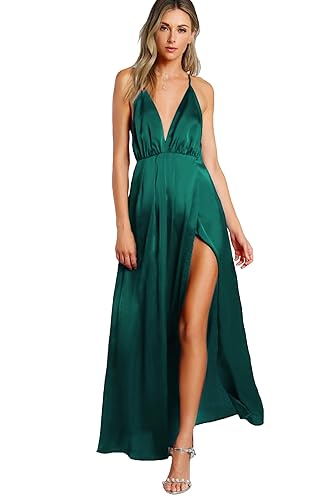SheIn Women's Sexy Satin Deep V Neck Backless Maxi Club Party