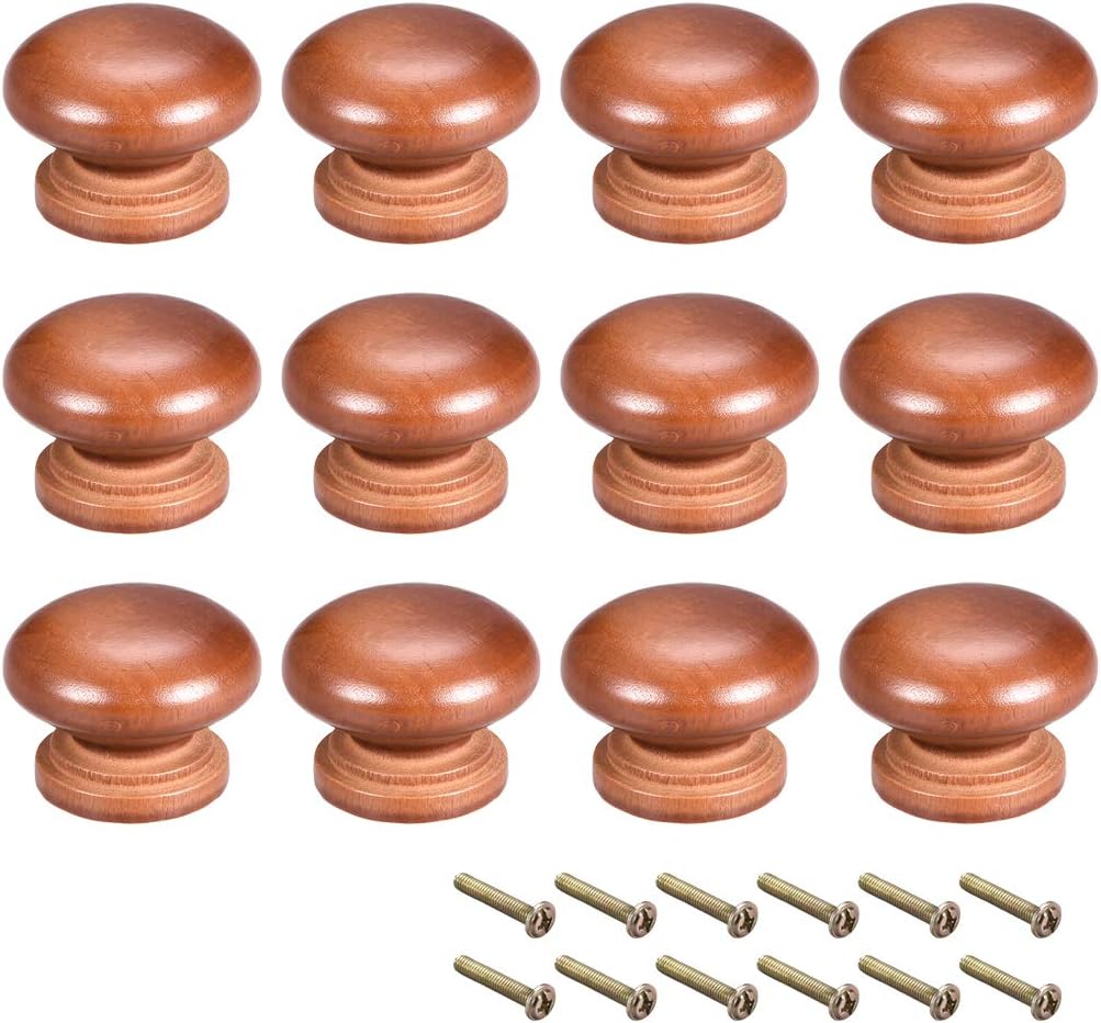 sourcing map Round Wood Knobs,12Pcs 35mm Dia Cabinet Furniture Kitchen Pulls Handles for Dresser Drawer Wardrobe Dark Red