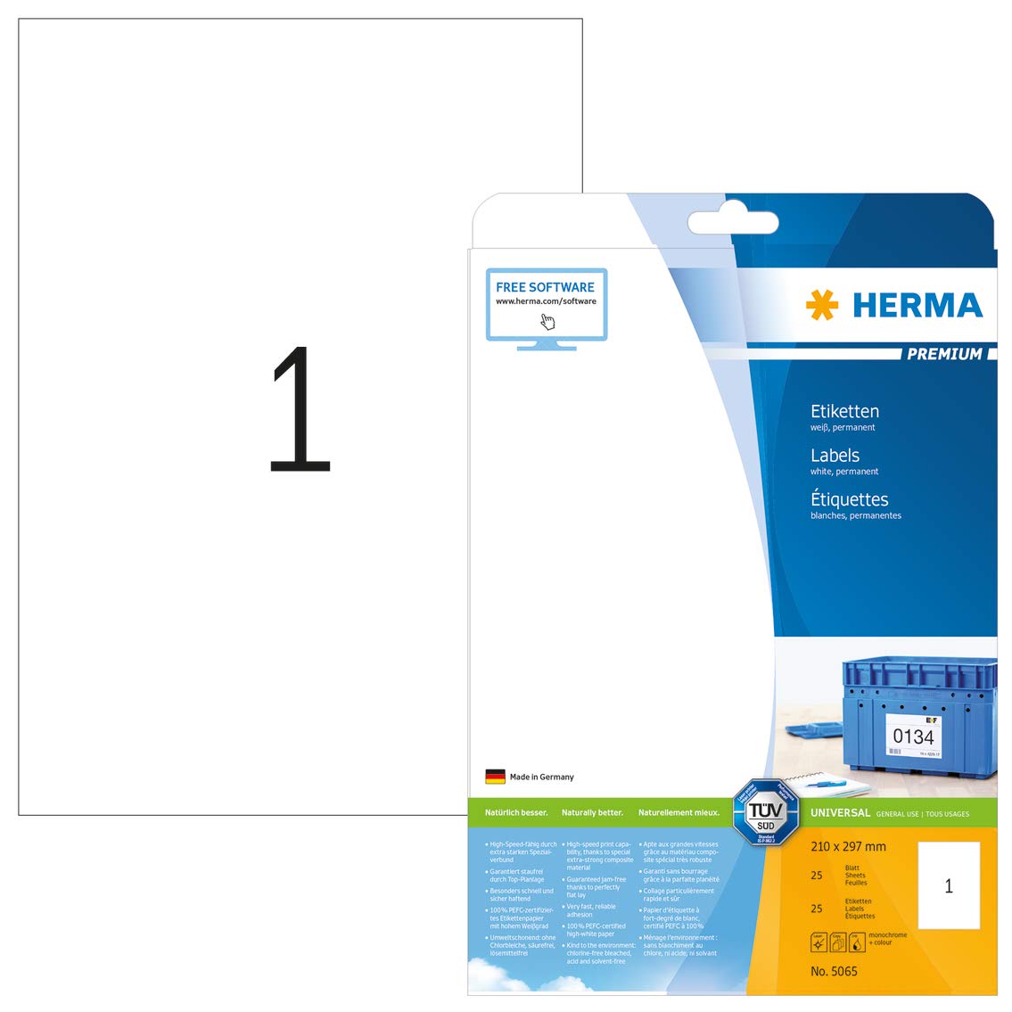 HERMA Self Adhesive Multipurpose Labels, 1 Label per A4 Sheet, 25 Sheets, 210 x 297 mm, 25 Labels, Blank Universal Labels Stickers, Sticky Labels for Laser & Inkjet Printer, White