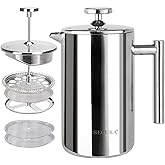 Secura French Press Coffee Maker, 304 Grade Stainless Steel Insulated Coffee Press with 2 extra Screens, 17oz (0.5 Litre), Silver