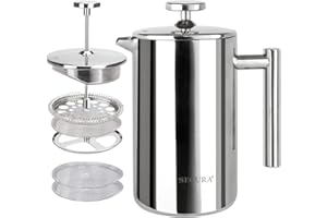 Secura French Press Coffee Maker, 304 Grade Stainless Steel Insulated Coffee Press with 2 Extra Screens, 17oz (0.5 Litre), Si