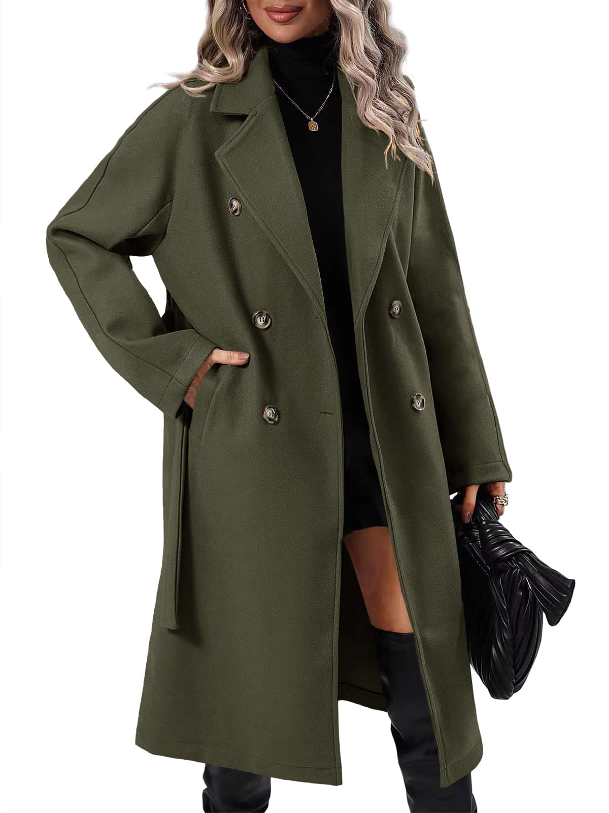 Photo 1 of Danedvi Women Elegant Wool Pea Coat Lapel Collar Double Breasted Mid-Long Winter Overcoats with Belted Pockets