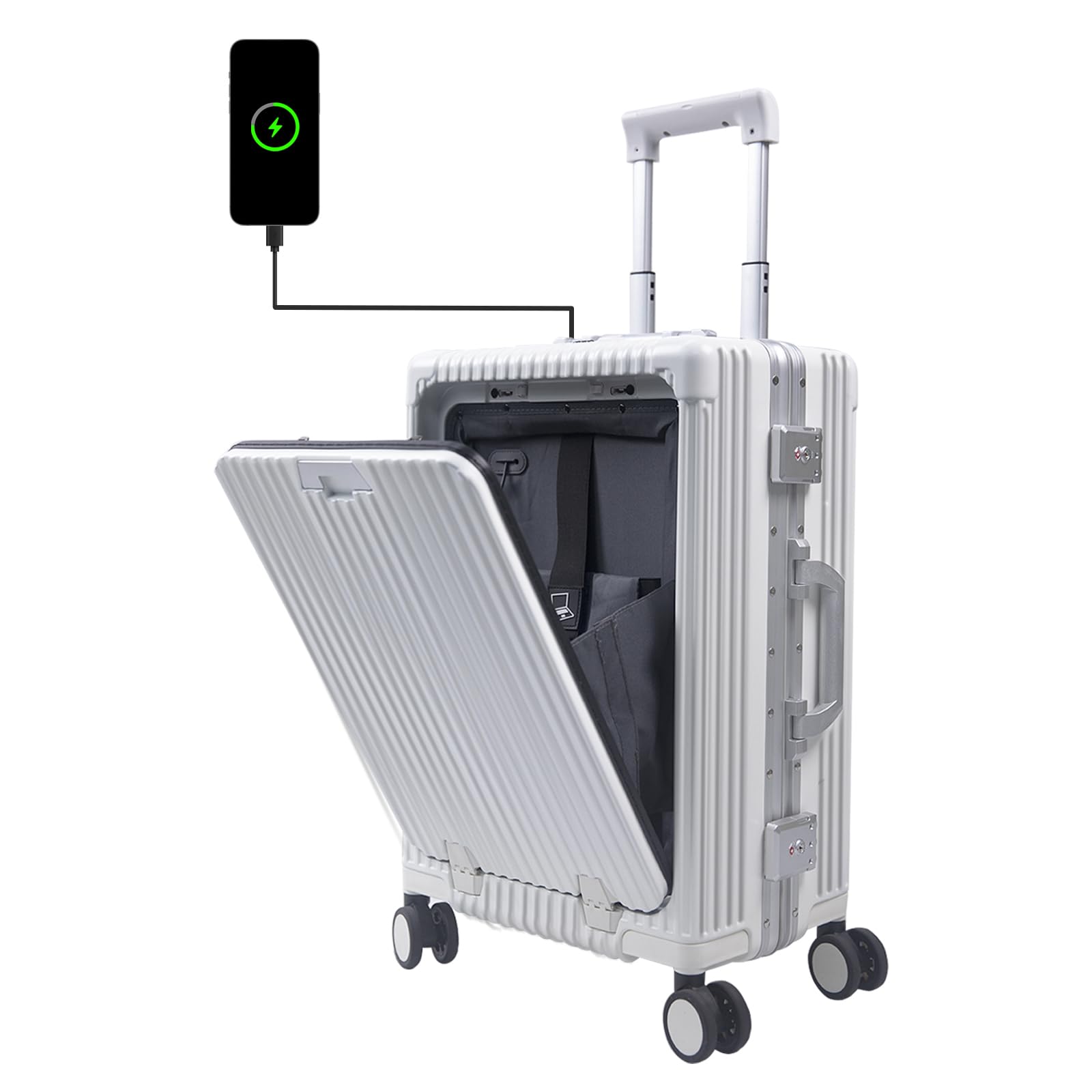 DwanNuts Carry On Luggage with Cup Holder and Usb Port, Aluminum Frame, Front Compartment, TSA Lock, 22x14x9 Airline Approved Hardside Suitcase with Spinner Wheels(White, 20-lnch)
