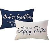 ULOVE LOVE YOURSELF Home Saying Throw Pillow Covers with Our Happy Place Quote Rustic Farmhouse Decor Lumbar Pillow Cases 12" x 20",2Pack Housewarming Gifts for Sofa/Couch/Porch (Blue)