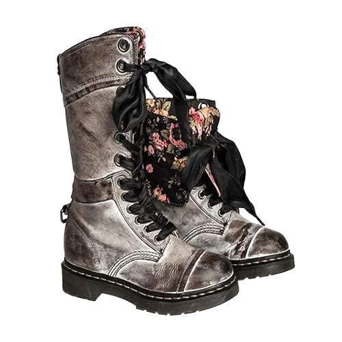 kunfang Damen Stiefeletten Runder Kopf Plattformstiefel Retro Blumen Schnürstiefel Britischer Stil Stiefel mit Niedrigem Absa