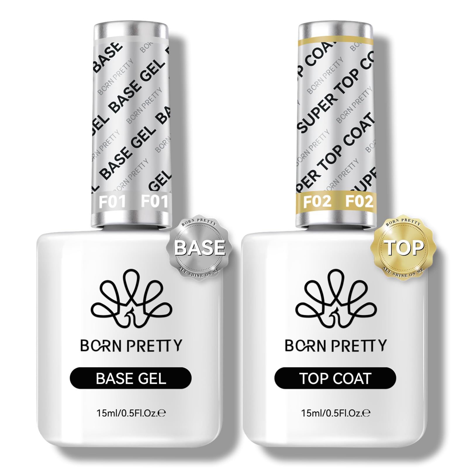 BORN PRETTY Base Gel & Top Coat Set, 2pcs 15ml No Wipe Shine Finish Soak Off LED Nail Lamp Gel for Long Lasting Salon Quality Manicure Gifts