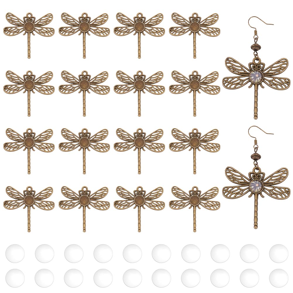 PH PandaHall 40 Sets Dragonfly Pendant Trays, Tibetan Insects Photo Charms Antique Bronze Blank Bezels Memorial Bezel Base with 40pcs Glass Cabochon Dome for Graduation Gift Jewellery Making Earrings
