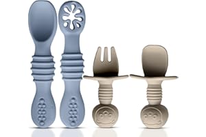 HippoBaby 4pc Silicone Baby Spoons Self Feeding Baby Utensils 6-12 Months - 3 Baby Spoon - 1 Baby Fork - Toddler Cutlery Set - BPA Free, Dishwasher Safe - Baby Eating Essentials (Gray/Beige)