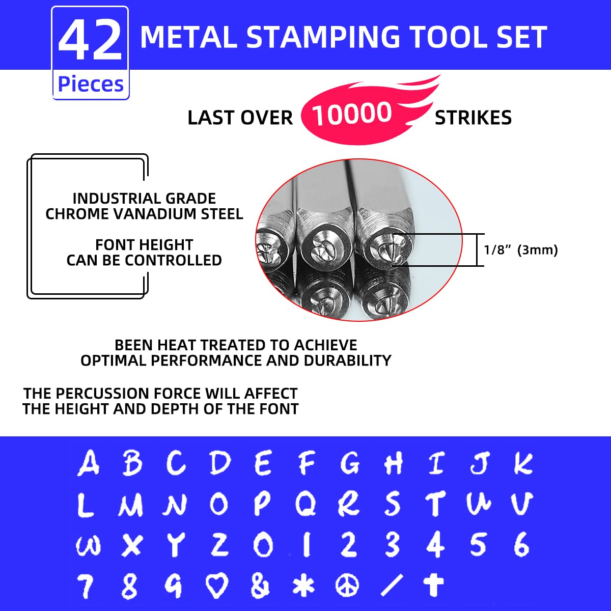 BESTNULE 42PCS Metal Stamping Kit, Number and Letter Stamp Set (A-Z, 0-9 and&,Love Symbol), Industrial Grade Hardened Carbon Steel, Perfect for Imprinting Metal, Wood,Leather (1/8