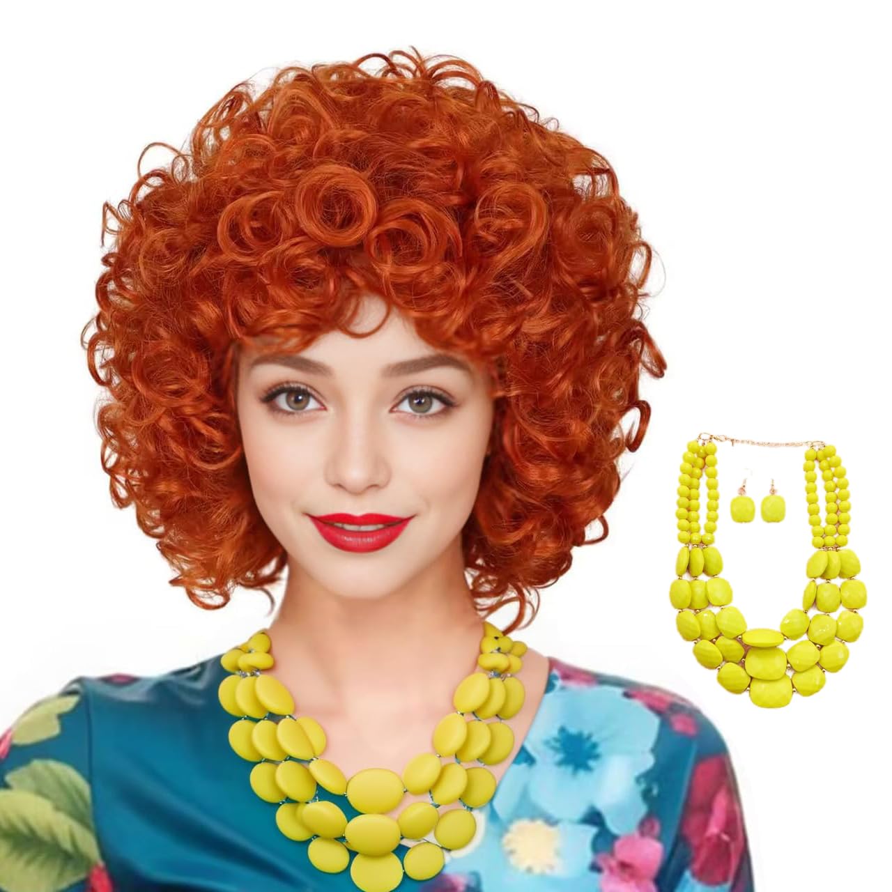 Photo 1 of ColorGround 2 Pcs Pack Short Fluffy Orange Wig with Yellow Necklace for Women