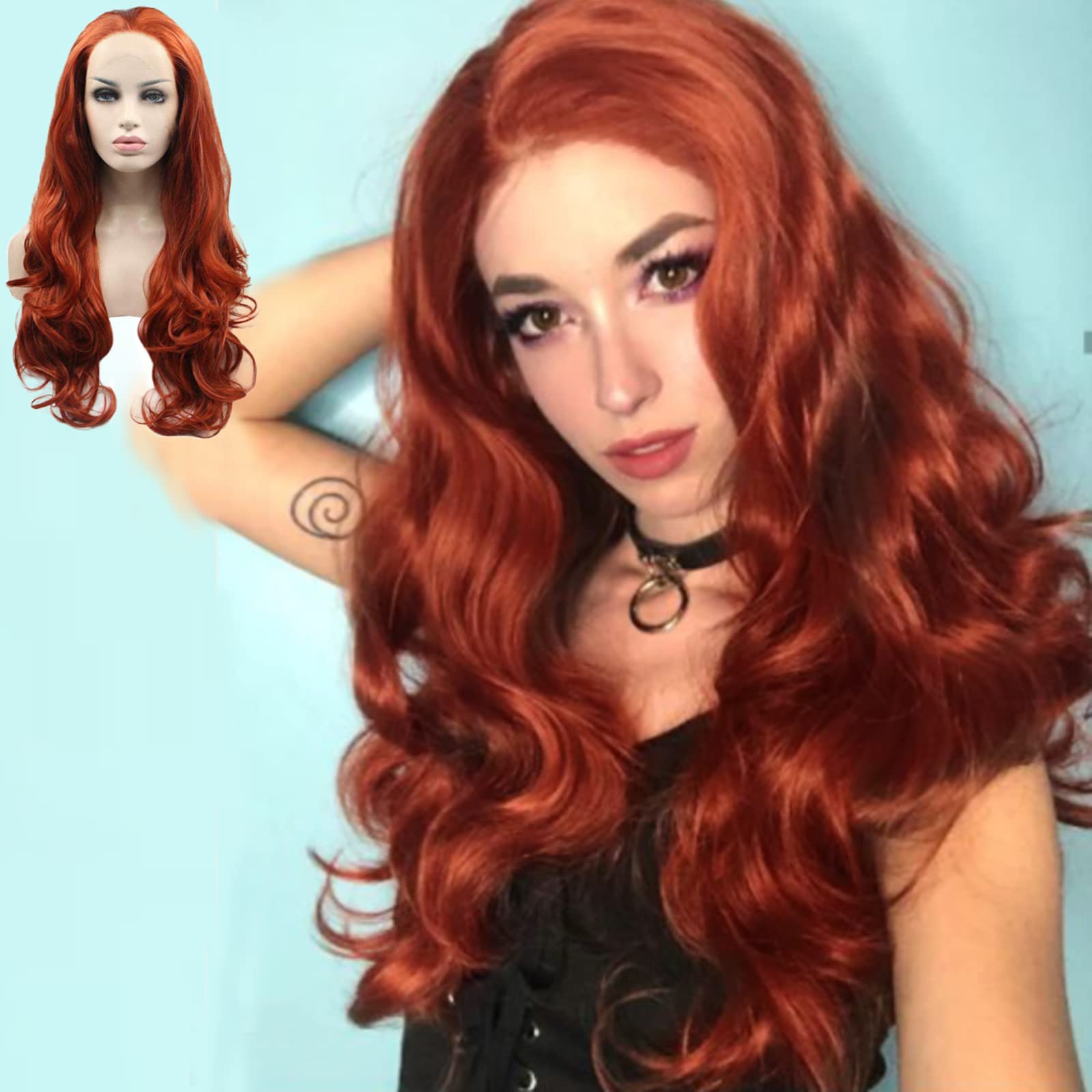 Copper Red Lace Front Wigs Long Wavy Ginger Wig Free Part Half Hand Tied Replacement Full Wigs Synthetic Glueless Anime Cosplay Drag Queen Daily Heat Resistant Fiber Hair Women's 24inch
