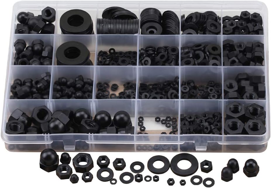 SZHKM Nylon Washer Nylon Nut and Cap Nut Set Box M2 M2.5 M3 M4 M5 M6 M8 M10 M12 (NL4-10 Black)