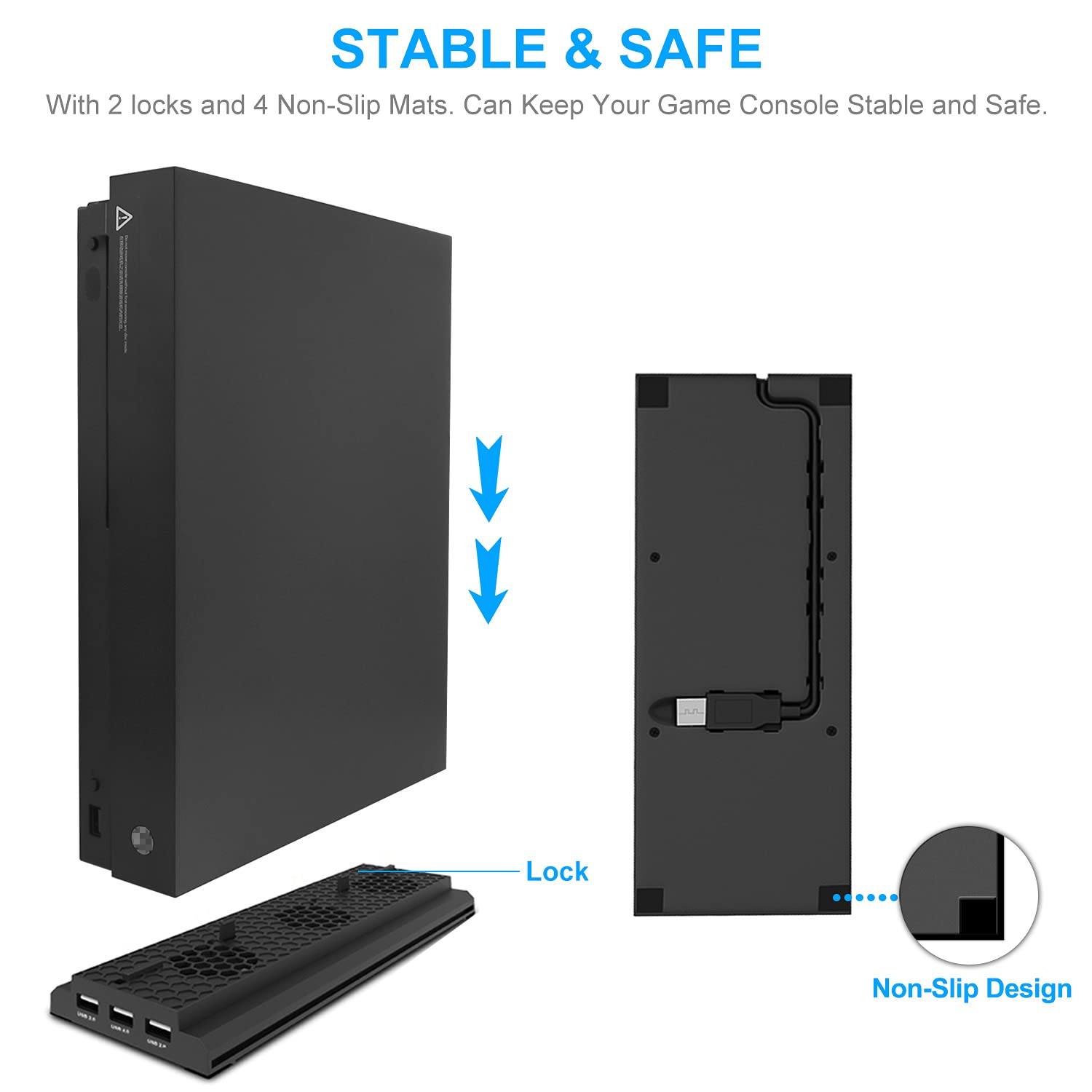 FASTSNAIL Vertical Cooling Stand Compatible with Xbox One X, Cooling Fan Stand Compatible with Xbox One X with 3 USB Ports and a Light Bar (Only Compatible with Xbox one X)