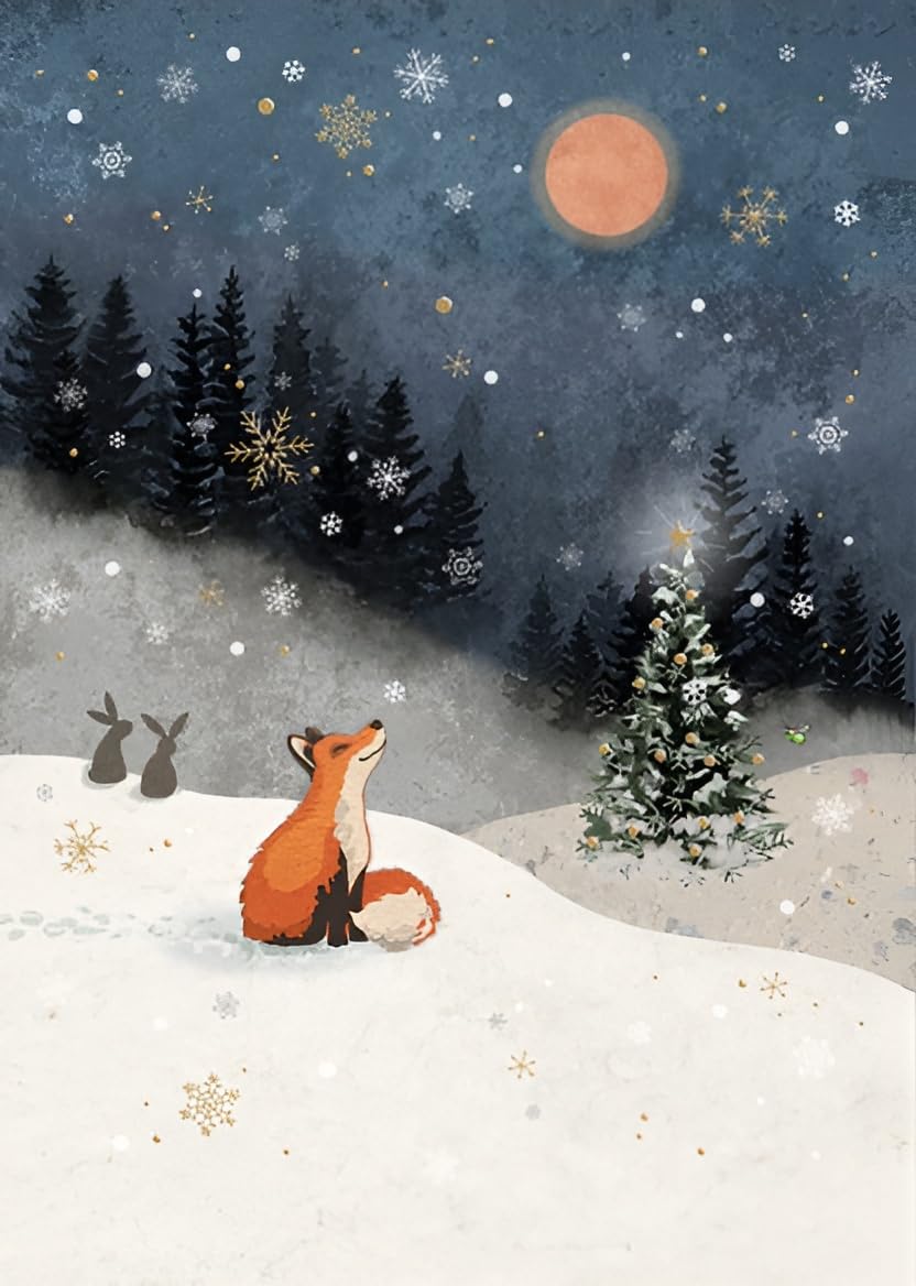 Bug Art Christmas Cards Pack of 8 - Christmas Cards with Fox and Moon Design and Special Finish - Eco-Friendly Xmas Cards Multipack with Envelopes