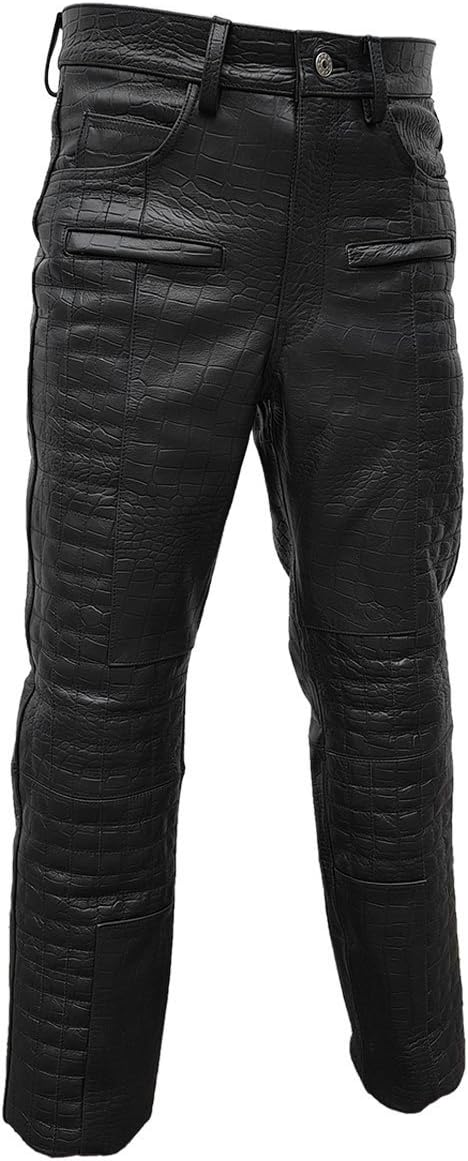 Mens Black Alligator/Crocodile Print Leather Quilted Design Motorcycle Bikers Pants Jeans Trouser