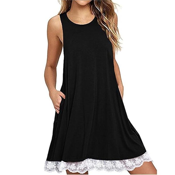 Tloowy Women Summer Sleeveless Tank Dress Loose Lace Crochet Swing T Shirt Dress Beach Sundress
