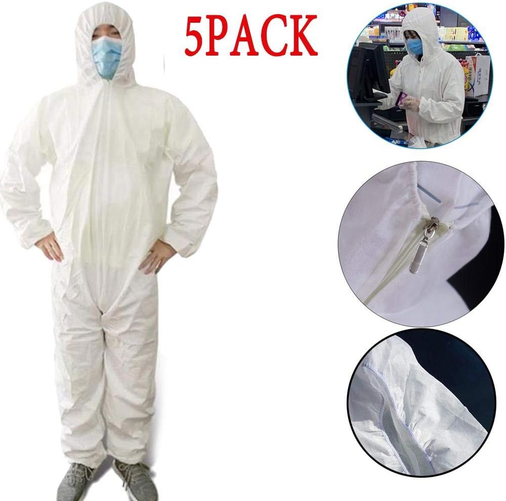 CHERRYSONG Isolation Gowns, Disposable Gowns,White Protective Gowns, Examination Gowns, Knit Cuff Non Woven, Fluid Resistant,one Size fits All(1Pack/5 Packs)