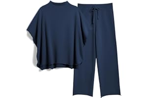 SeeLuNa Women's Two Piece Outfits 3/4 Batwing Sleeve Capelet Crew Neck Pullover Top Wide Leg Pants Lounge Set