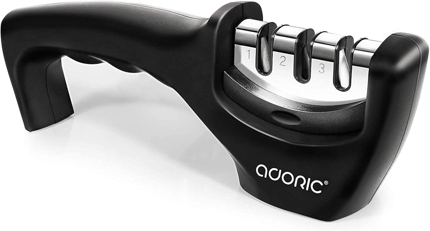 Adoric Manuelle Messerschärfer Messerschleifer, Messerschäfer 3 Stufen Messerschleifer Wolframstahl für Grobschliff, Diamant für mittelfeinen Schliff und Spezialkeramik für Feinschliff 3 Stufen