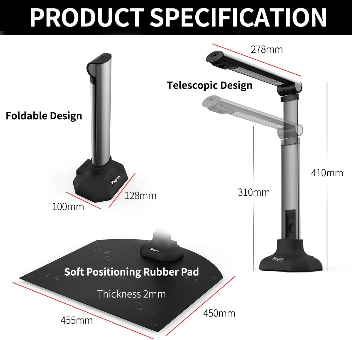Kinghun KC6A07 Book & Document Camera, 8MP High Definition Portable Book Document Scanner, Capture Size A3/A4, Smarth English OCR, USB, Professional Software, SDK & Twain - Grey&Black: Computers & Accessories
