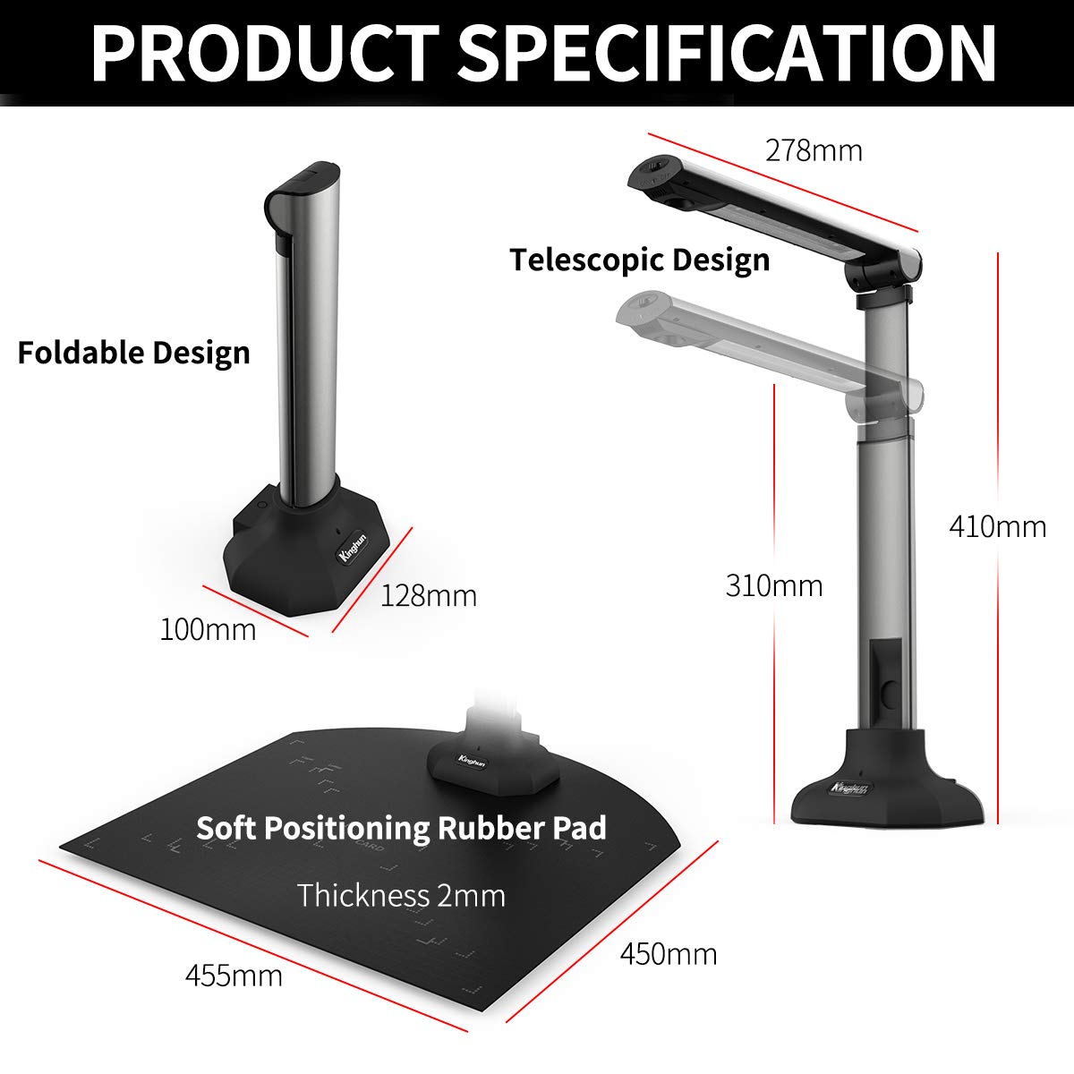 Kinghun KC6A07 Book & Document Camera, 8MP High Definition Portable