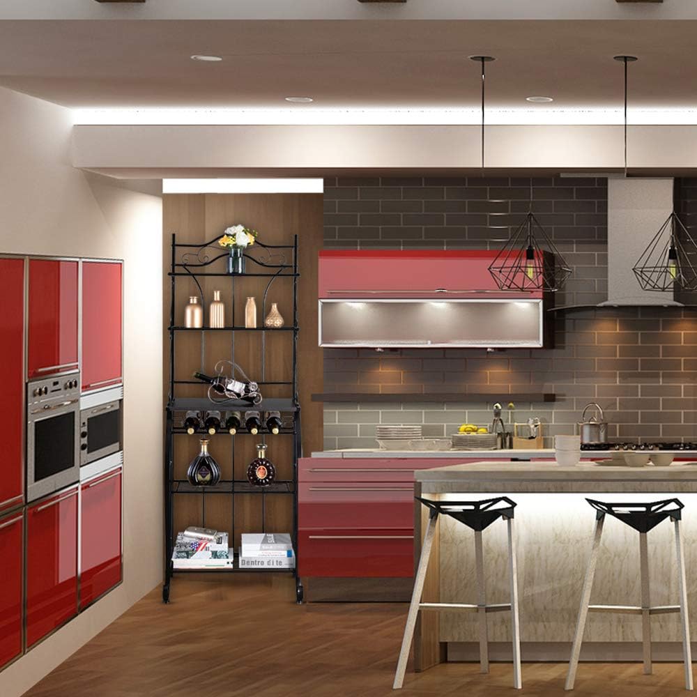 ROVSUN Upgrade Multiuse 5-Tier Metal Kitchen Bakers Rack, Microwave Storage Rack Oven Stand with Wine Storage Organizer Workstation Black (25" x 16" x 68") - Standing Baker's Racks