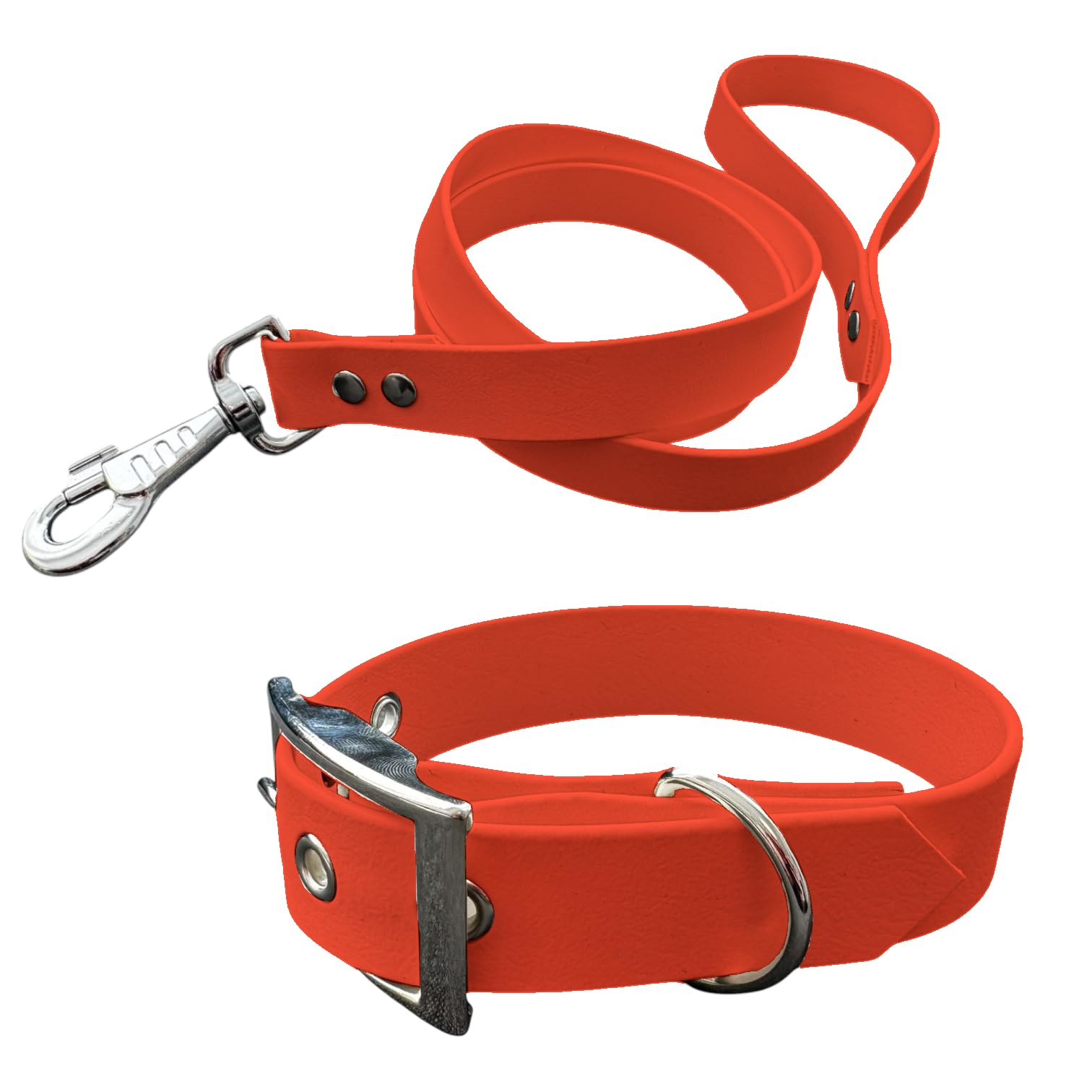 L'Atelier du Fourmilier Dog Collar and Leash in BioThane material, Medium Width (45-55 cm, Neon Orange)