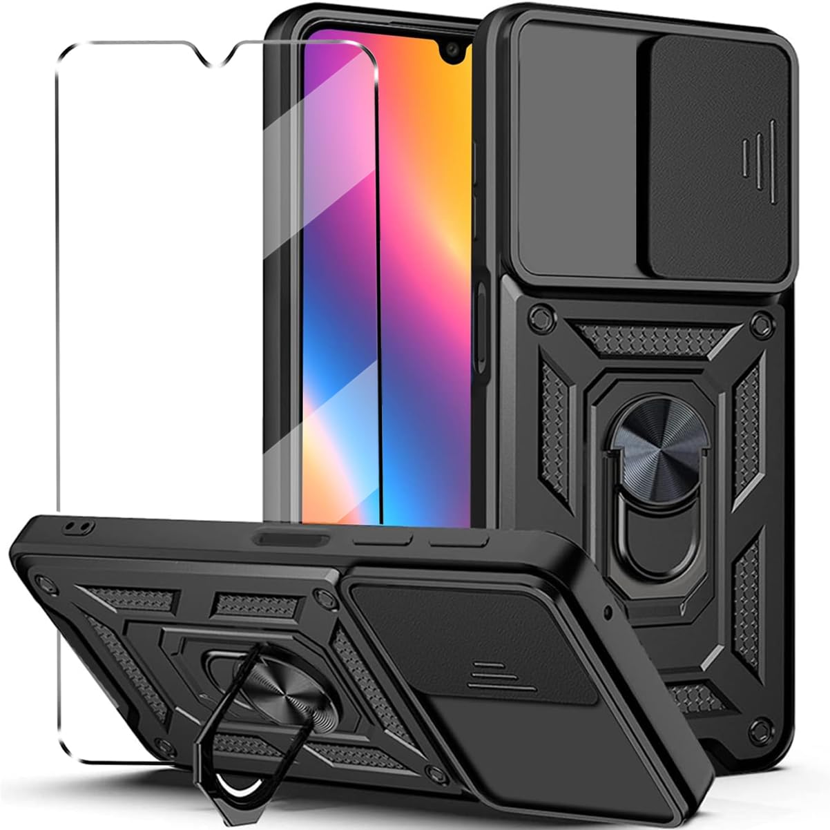 2-in-1 Case for Realme C63 Tempered Glass Case with Slide Camera Protection Cover Screen Protector Phone Case Heavy Duty Military Grade Protective Cover phone holder Case,Black