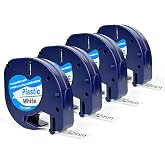 4-Pack Compatible with Dymo Label Maker Refills 91331 Plastic White Tape | 12mm x 4m (1/2" x 13'), Work with Labeler Letra Tag 200B, LT 100T 100H Plus Printer