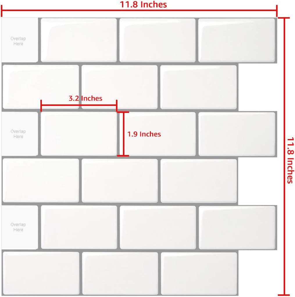 10-Sheet Peel and Stick Tile for Kitchen Backsplash, 12x12 inches White Subway Tile with Grey Grout: Home & Kitchen