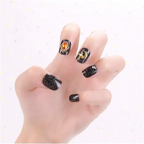 Amazon Co Jp ネイルチップ 24ピースの黒い色のきらめく粉のインレイクロスフェイク小さな真珠の装飾短いウェアラブル偽の爪を押す ホーム キッチン