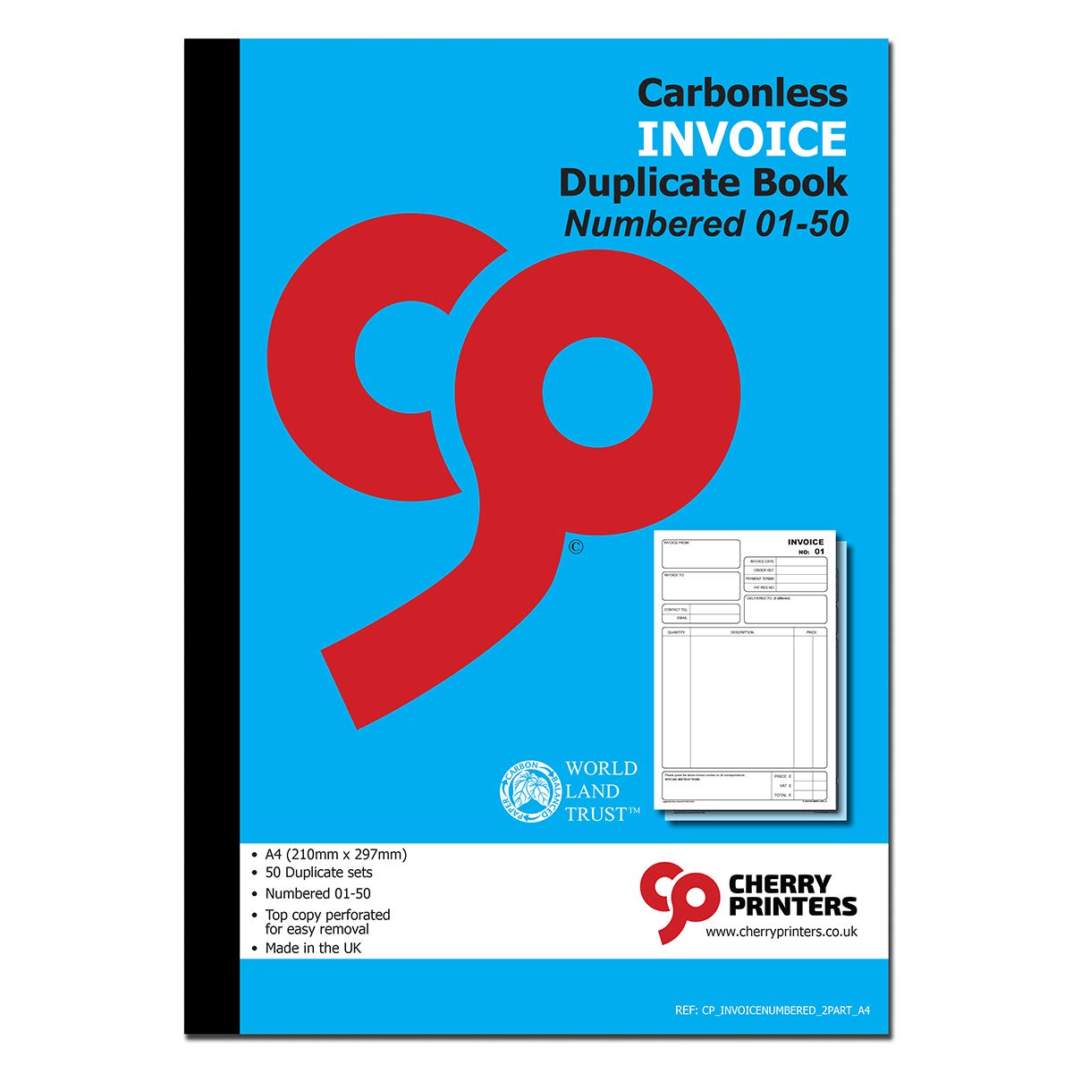 Cherry Carbonless NCR Invoice Book | Duplicate Book | A4 | 50 Sets | Numbered 01-50 | Perfect for The self-Employed, Small and Larger Businesses |