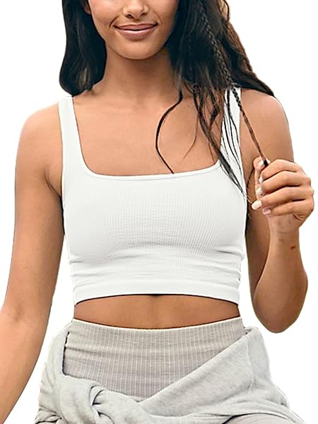 LASLULU WOMEN SUMMER SEXY SLEEVELESS SQUARE NECK FITTED KNIT RIBBED CROPPED TANK TOPS CUTE WORKOUT YOGA GYM CROP TOPS(WHITE MEDIUM)