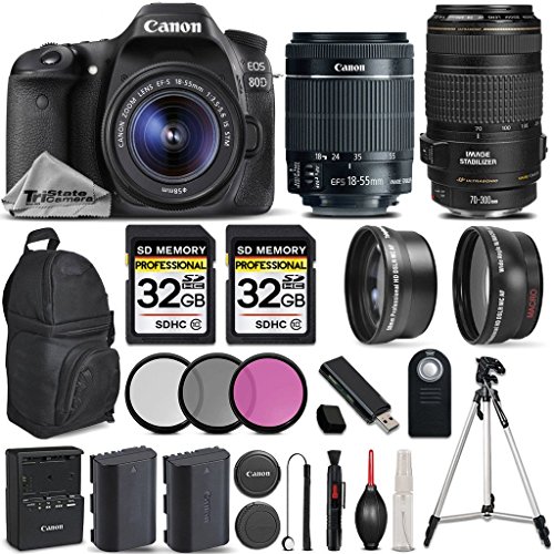 Canon EOS 80D Wi-Fi Full HD 1080P Digital SLR Camera + Canon 18-55mm IS STM Lens + Canon 70-300mm IS USM Lens + 64GB Storage All Original Accessories Included - International Version Canon EOS 80D Wi-Fi Full HD 1080P Digital SLR Camera + Canon 18-55mm IS STM Lens + Canon 70-300mm IS USM Lens + 64GB Storage All Original Accessories Included - International Version