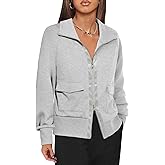 Fisoew Women's Zip up Sweatshirt Collared Neck Long Sleeve Loose Casual Lightweight Jacket with Pockets