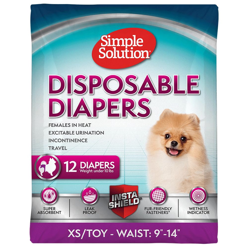 Simple Solution Disposable Dog Diapers for Female Dogs, True Fit, Absorbent, Leak Proof with Wetness Indicator, XS Puppy & Doggie Period Pad and Pee Diaper, For Toy Pets, 9–14-Inch Waist, 12 Count