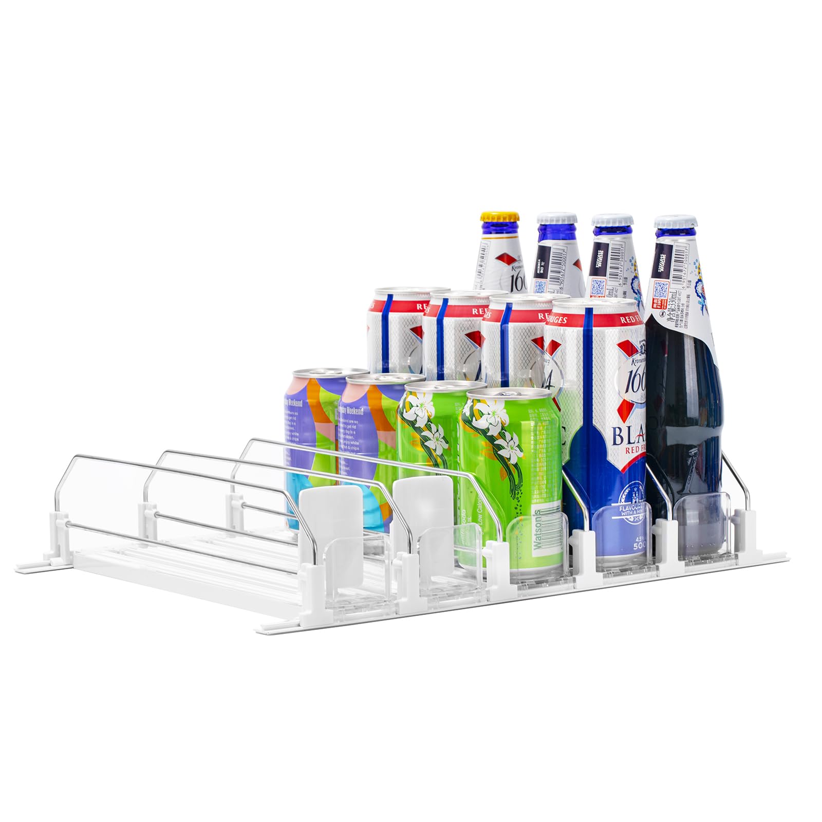 Photo 1 of RULA Drink Organizer for Fridge, Self-Pushing Soda Can Dispenser for Mini Refrigerator, Width Adjustable Water Bottle Pusher Glide, White, 5 Rows,12.2” D