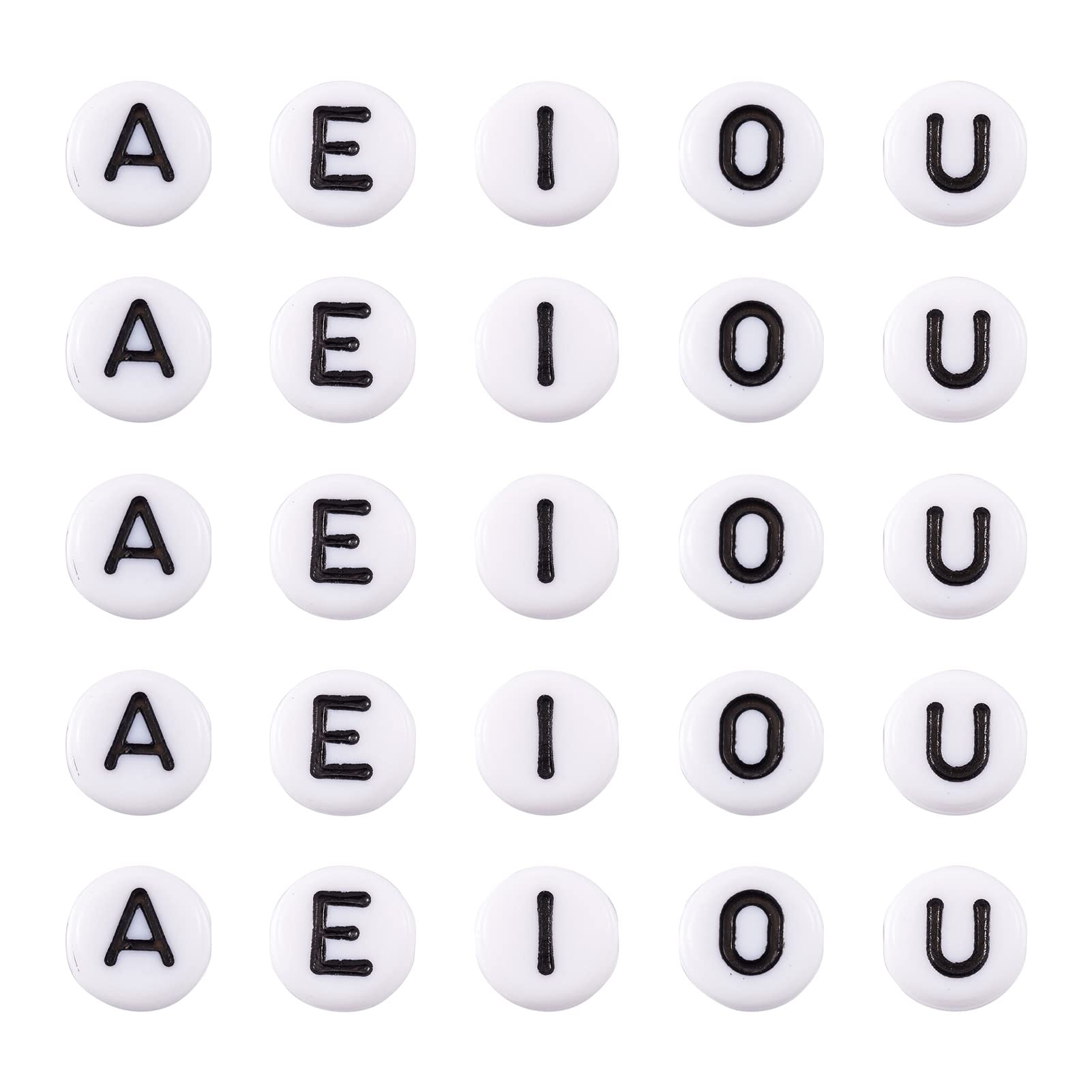 PandaHall 500pcs Acrylic Flat Round Alphabet Beads 7mm White Disc Coin Vowel Letters Spacer Loose Beads with Letter A E I O U for Jewelry Beading Making Art Craft DIY Bracelets