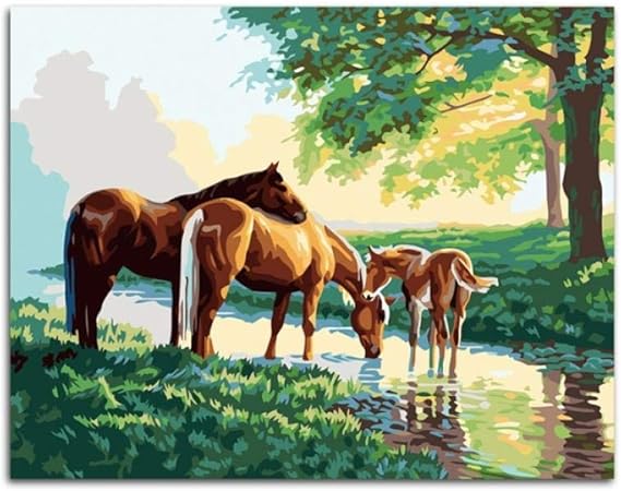 Wzxhn Pinte Por Numeros Para Adultos Ninos Tres Caballos De Caballo Pony Beba Agua Paisajes Hermosos Imagenes Pintura Pintando Por Numeros Para Obras De Arte Pintura Amazon Es Hogar