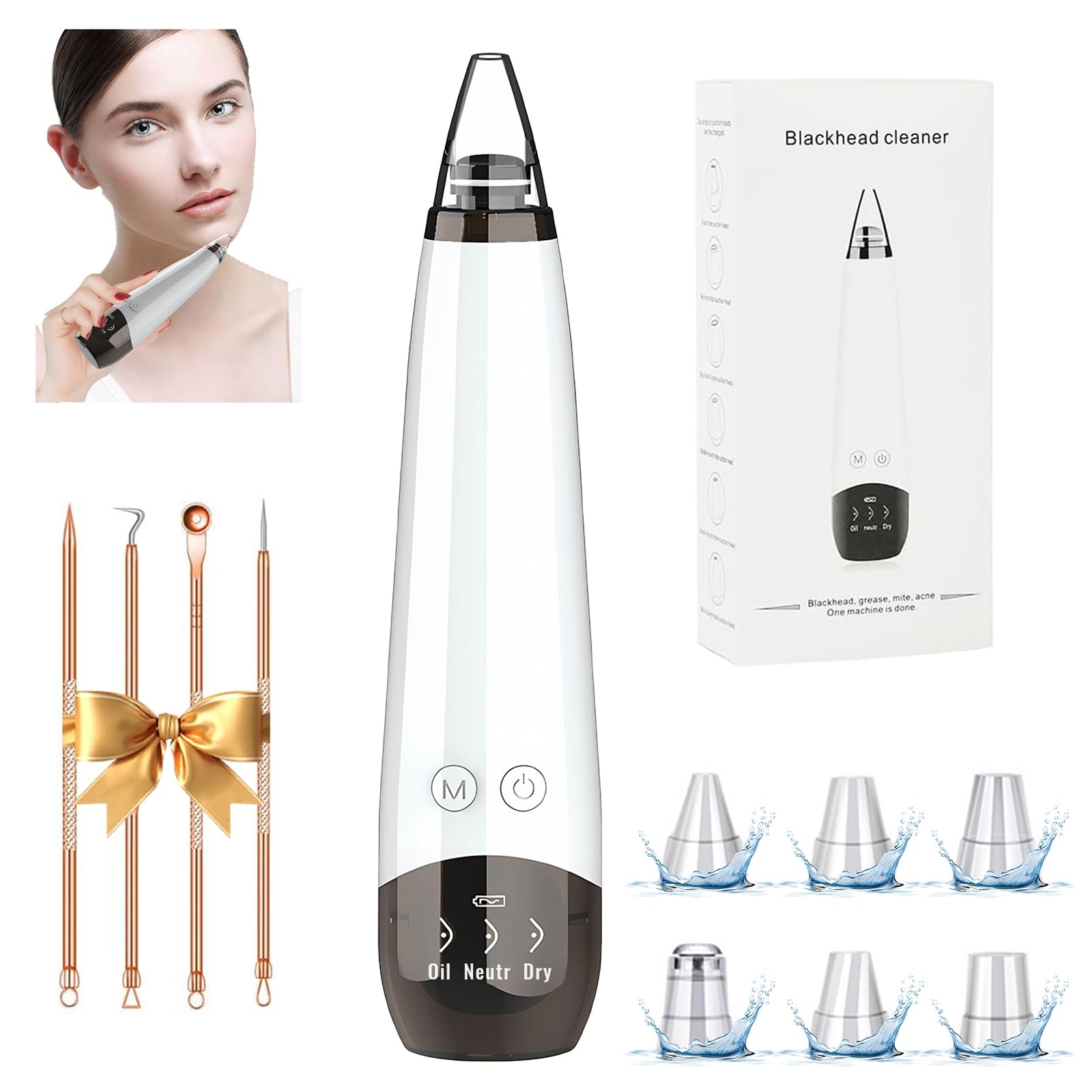 Photo 1 of 2025 Pore Vacuum Kit, USB Rechargeable Blackhead Remover Vacuum Kit,3 Levels Adjustable Pore Vacuum Blackhead Remover, with 6 Suction Power Probe,4 Golden Needle face Vacuum Pore Cleanser Kit-White