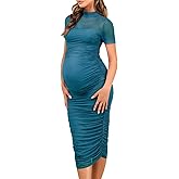Dedysler Maternity Mesh Bodycon Dress for Baby Shower Sexy Mock Neck Long Casual Pregnancy Clothes with Back Zipper