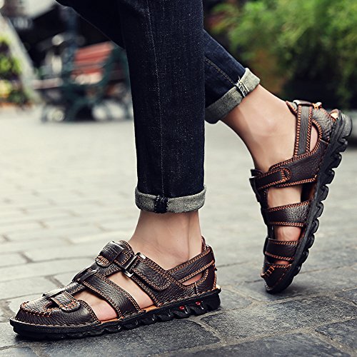 JIONS Mens Closed Toe Leather Sandals, Men's Summer Outdoor Fisherman Walking Adjustable Velcr Sandals (B/Dark Brown, 42/8.5 US)