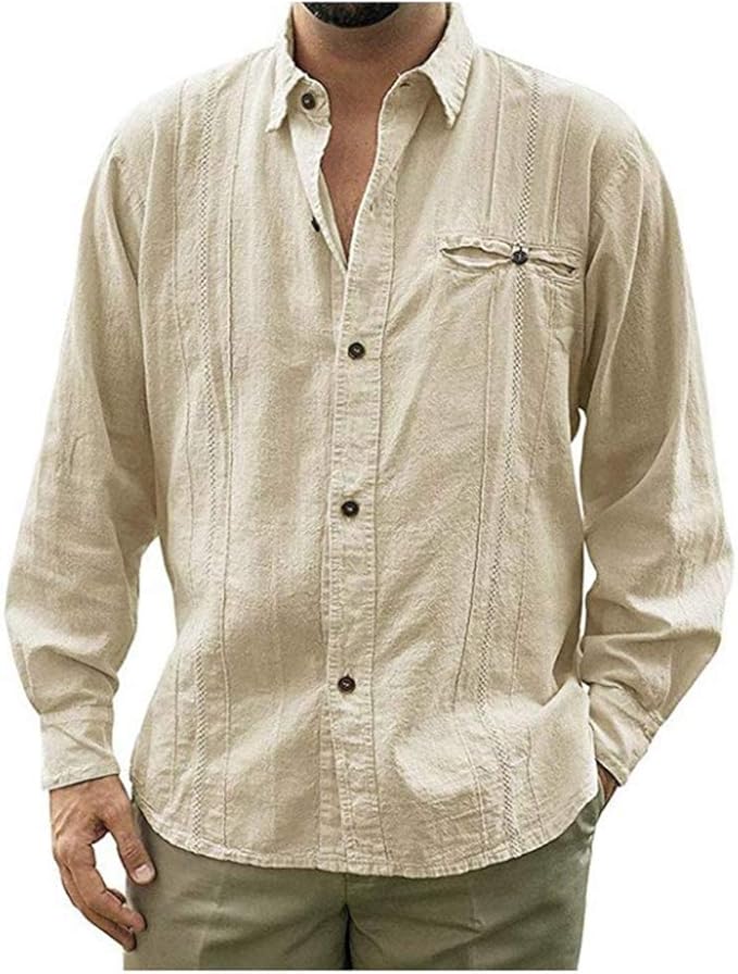 Ladyful Men's Summer Cotton Linen Shirt Long Sleeve Baggy Fit Casual Blouse Top at Amazon Menâs 