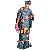 HD African Stylish Bubu Dress for Woman Floral Pattern Caftan Gown Adjustable Sleeves with Buckle