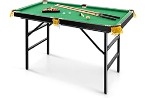 HONEY JOY 48" Pool Table, 4 FT Mini Portable Folding Pool Game Table Set w/ 2 Cue Sticks, 16 Balls, Triangle, 2 Chalks & Brus