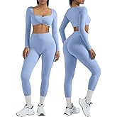 OMKAGI 2 Piece Workout Sets for Women Long Sleeve Padded Sports Bra High Waisted Gym Outfits with Pocket
